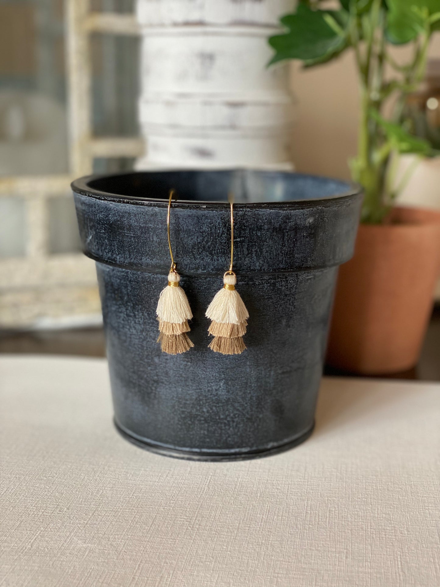 Triple Natural Tassel Earring